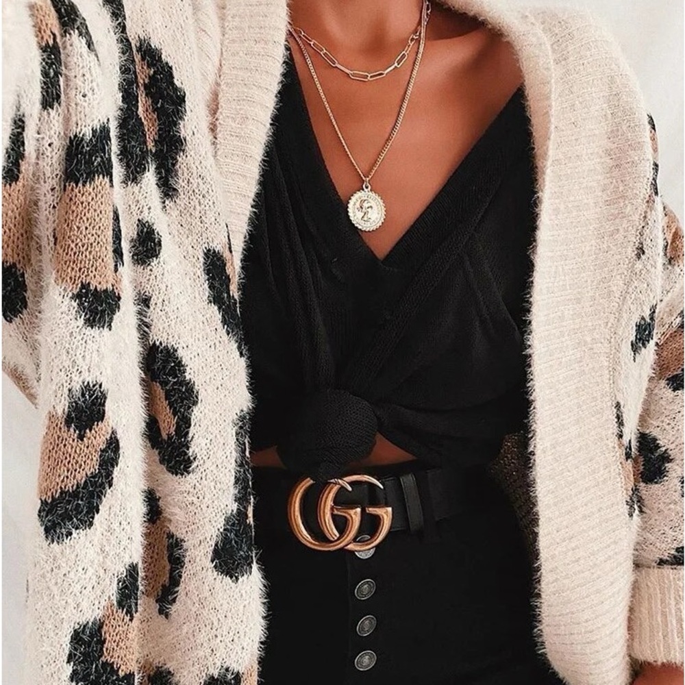 fuzzy women leopard animal print chunky knit jacket open front